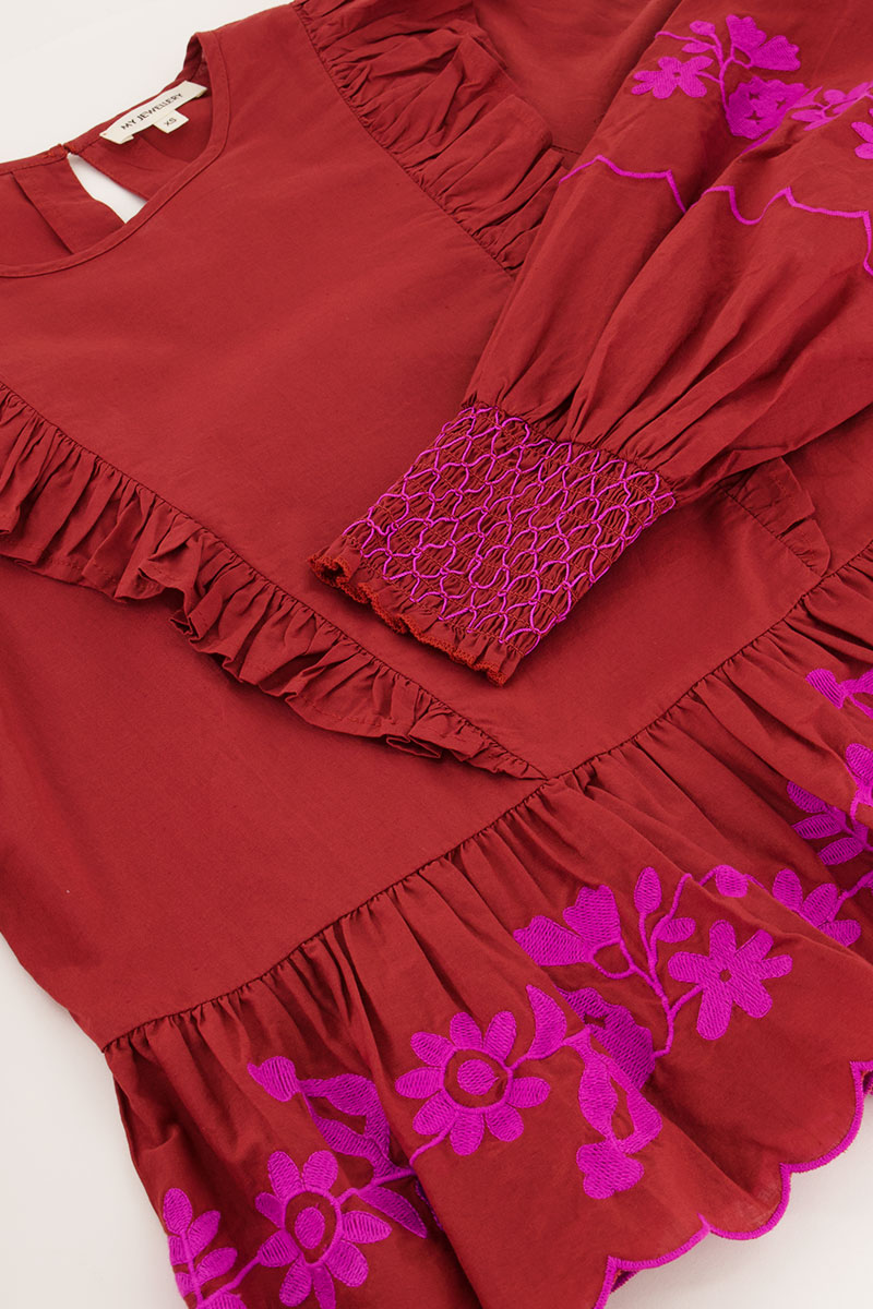 Rust-brown top with fuchsia embroidery | My Jewellery