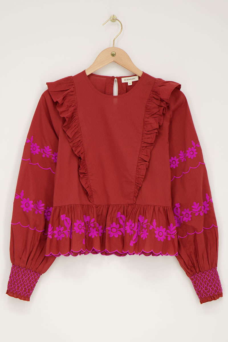 Rust-brown top with fuchsia embroidery | My Jewellery