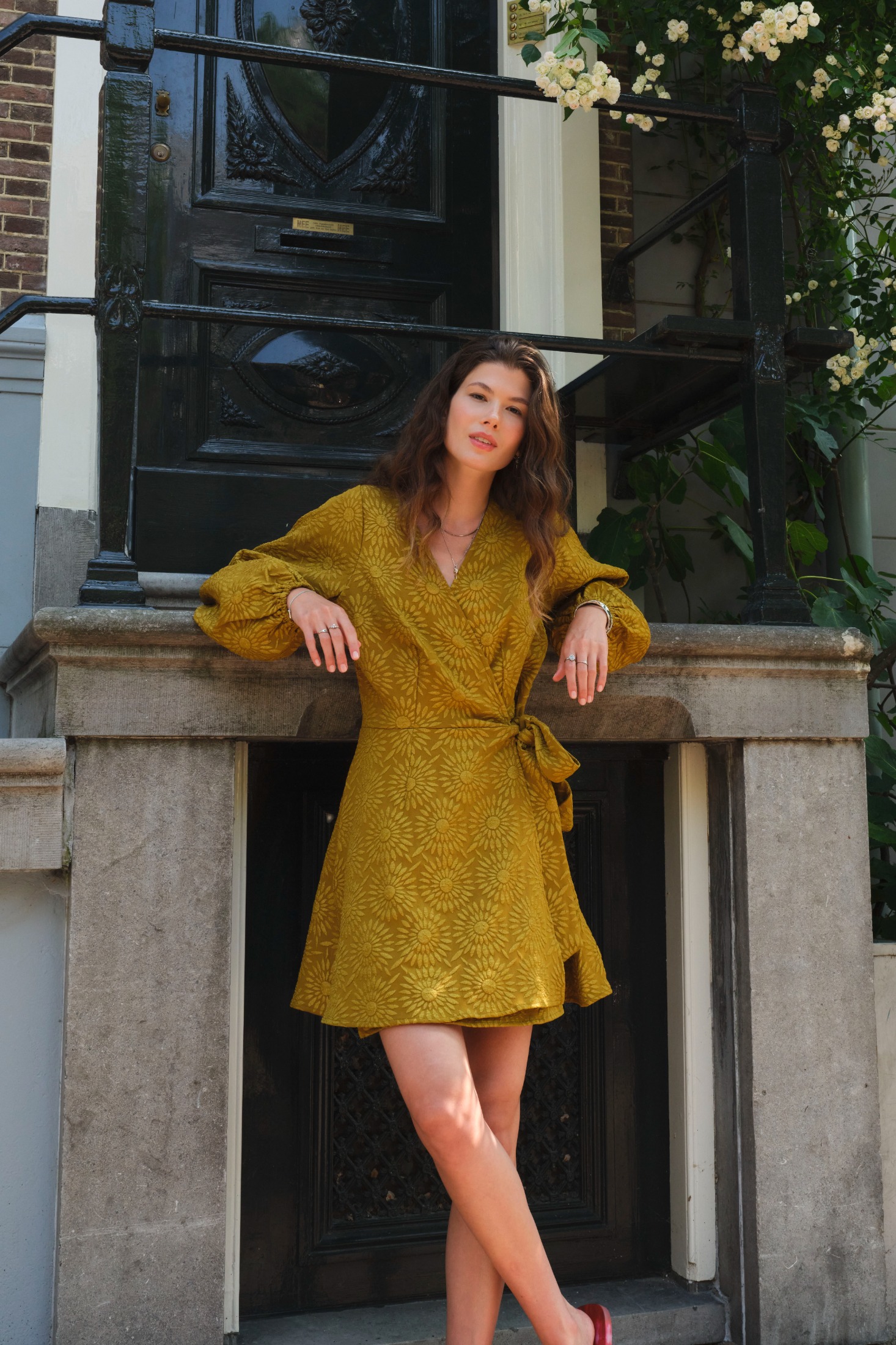 Green jacquard dress with sunflowers | My Jewellery
