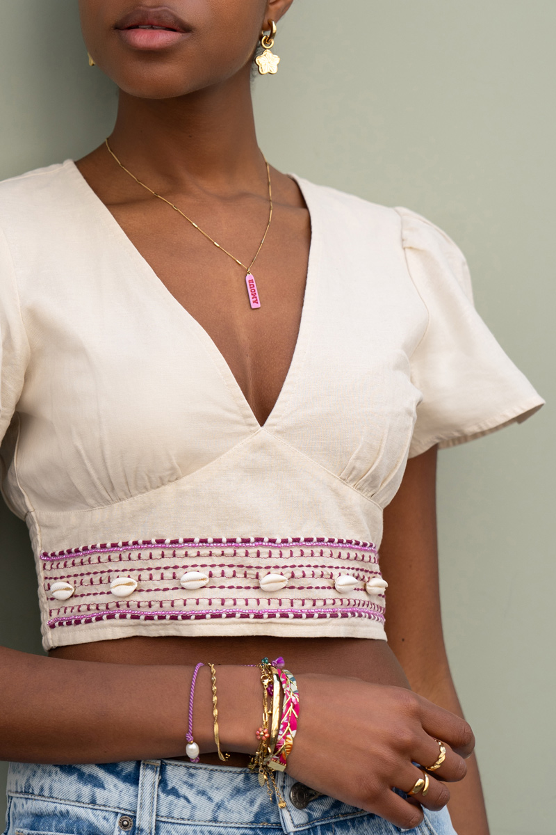 Beige linen look top with scallops | My Jewellery