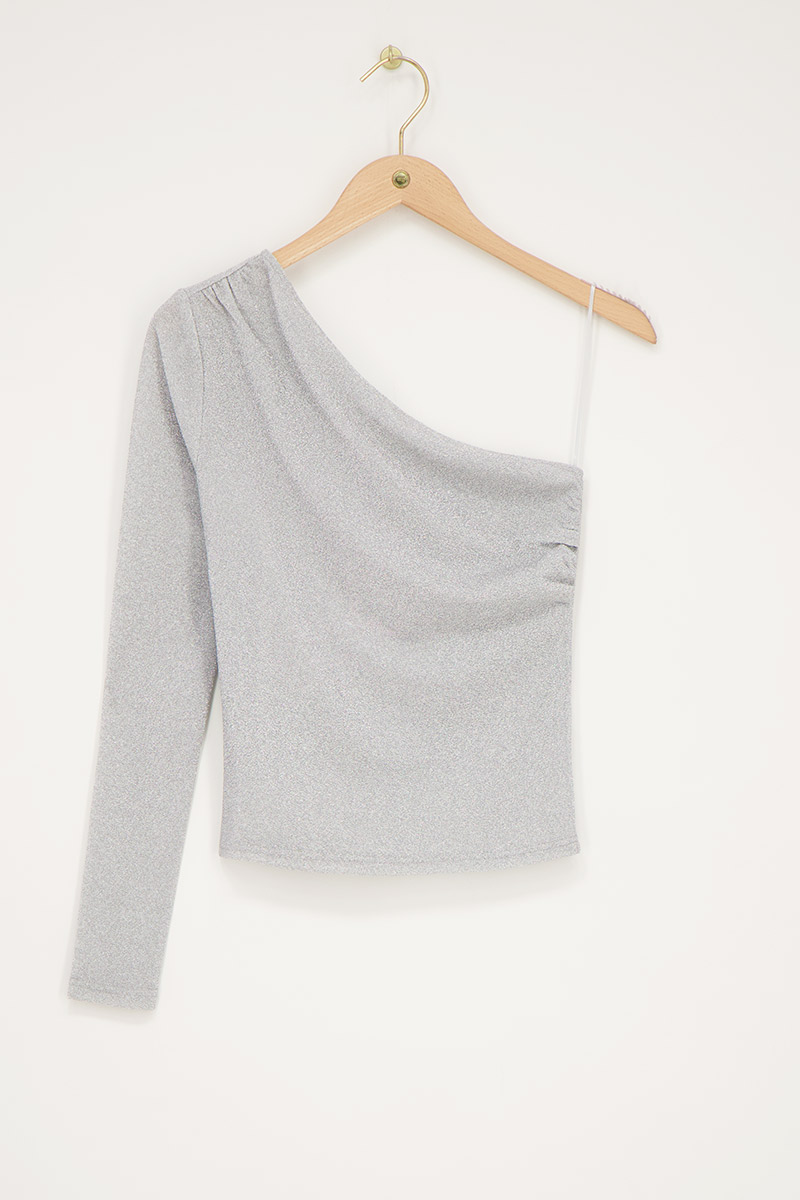 Silver one-shoulder top with lurex