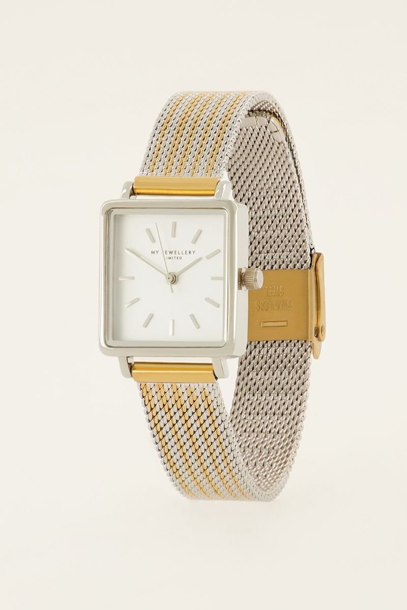 Multicoloured mesh strap watch with square watch face