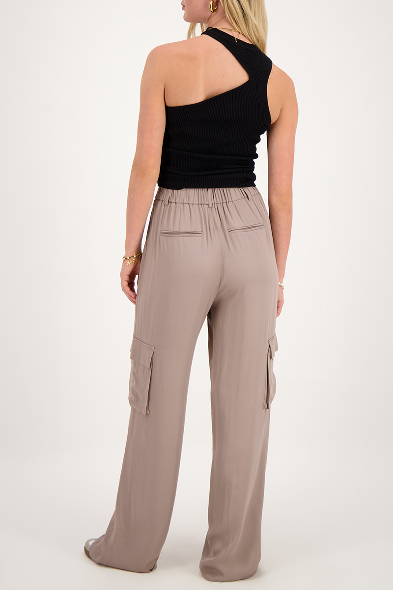 Taupe cargo wide leg trousers in satin look | My Jewellery
