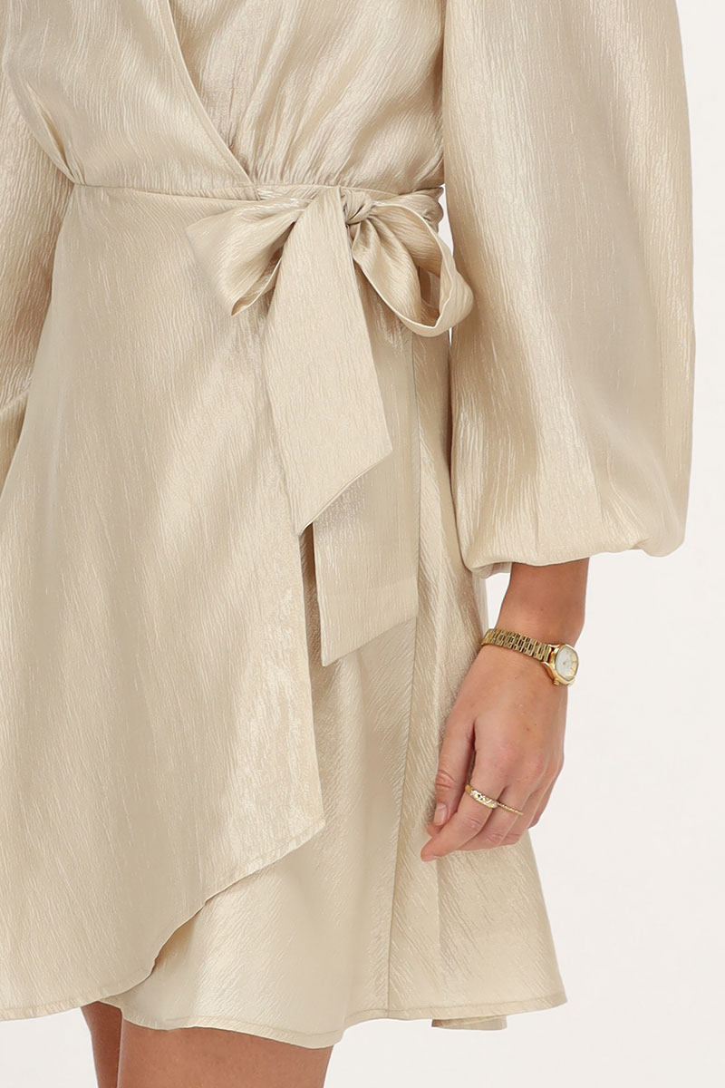 Taupe dress with overlap satin look | My Jewellery