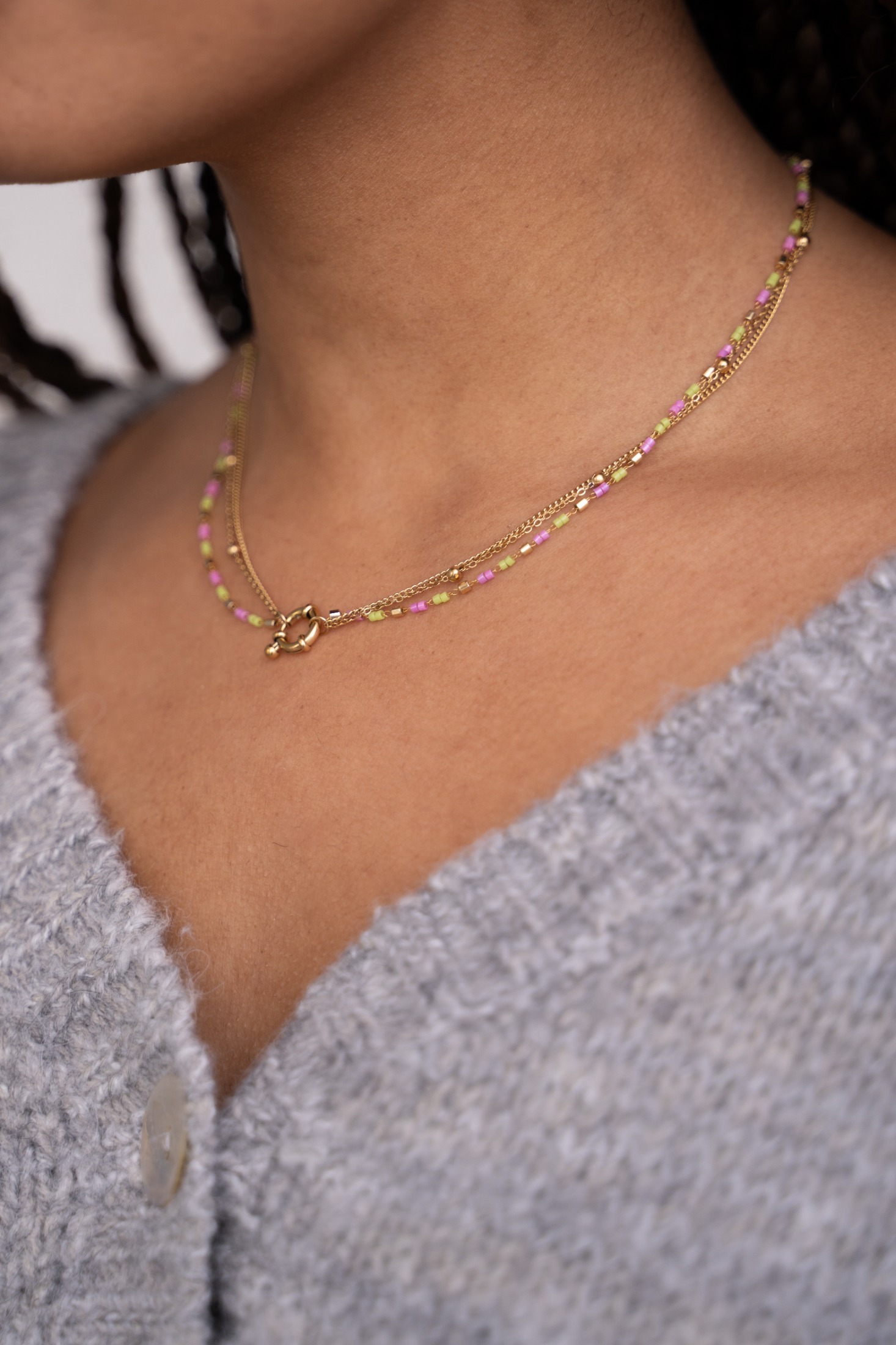 Triple necklace with green & pink beads | My Jewellery