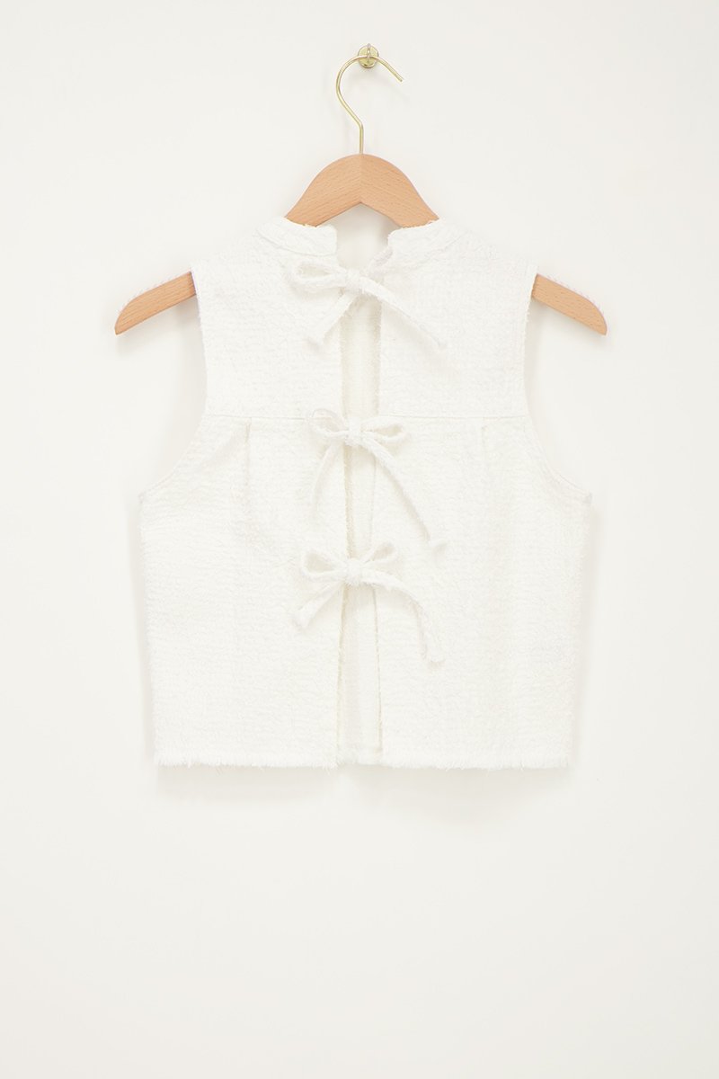 White bouclé denim top with bows | My Jewellery