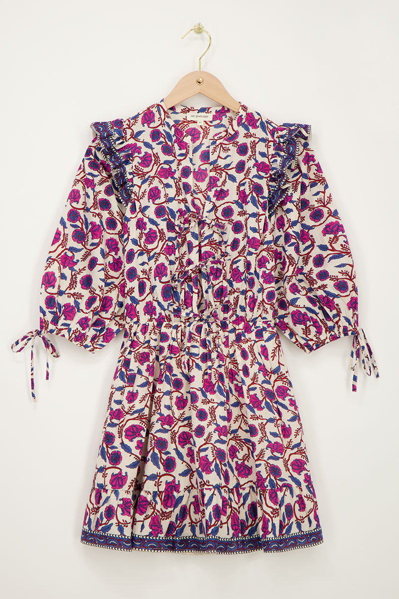 White dress with floral print & ruffles | My Jewellery