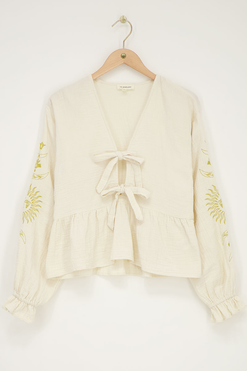 White muslin top with embroidery & bows | My Jewellery