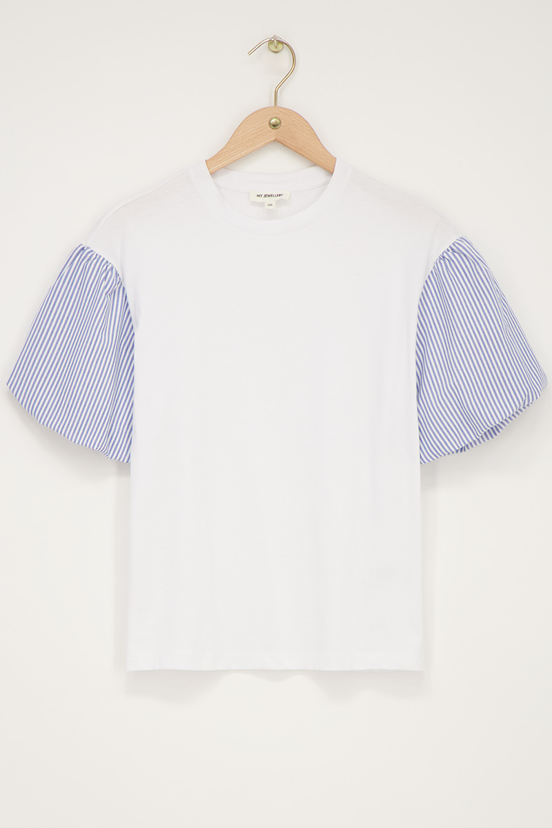 White top with striped puff sleeves