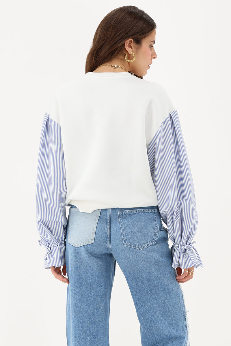 White sweater with striped sleeves | My Jewellery