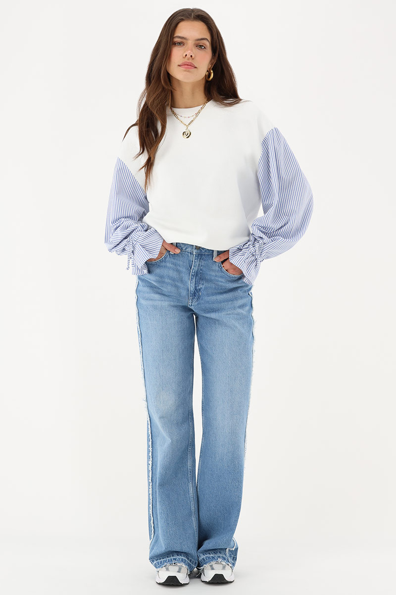 White sweater with striped sleeves | My Jewellery