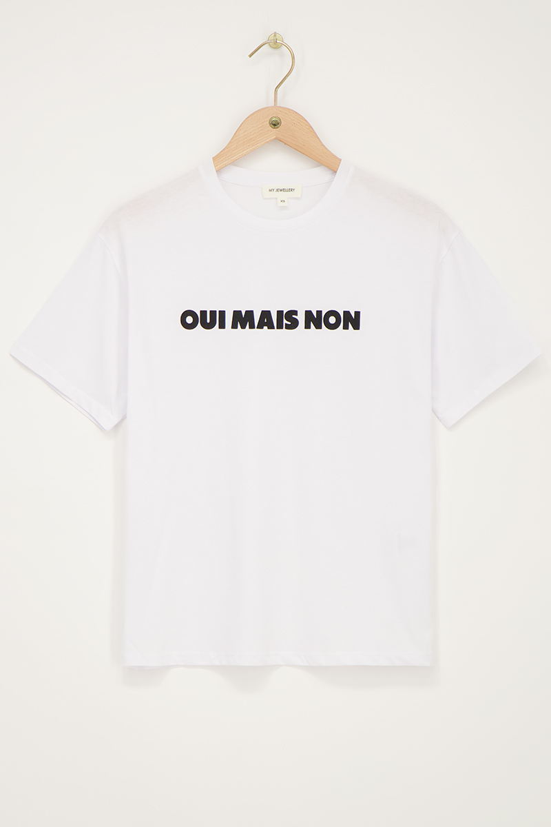White T-shirt with black ''Oui mais non'' | My Jewellery