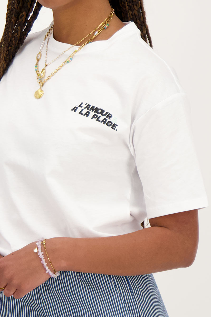 White T-shirt with black ''L'amour a la plage'' | My Jewellery