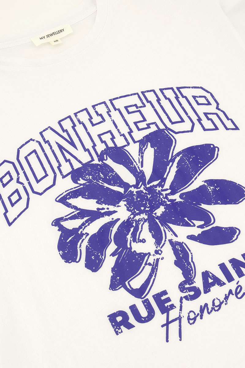 White T-shirt with blue "Bonheur" | My Jewellery