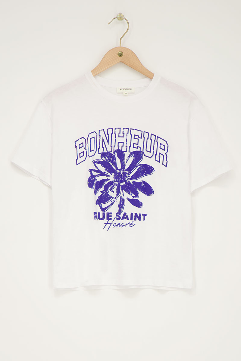 White T-shirt with blue "Bonheur" | My Jewellery