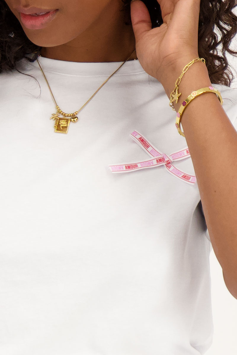 White T-shirt with pink "Amour" bow tie | My Jewellery