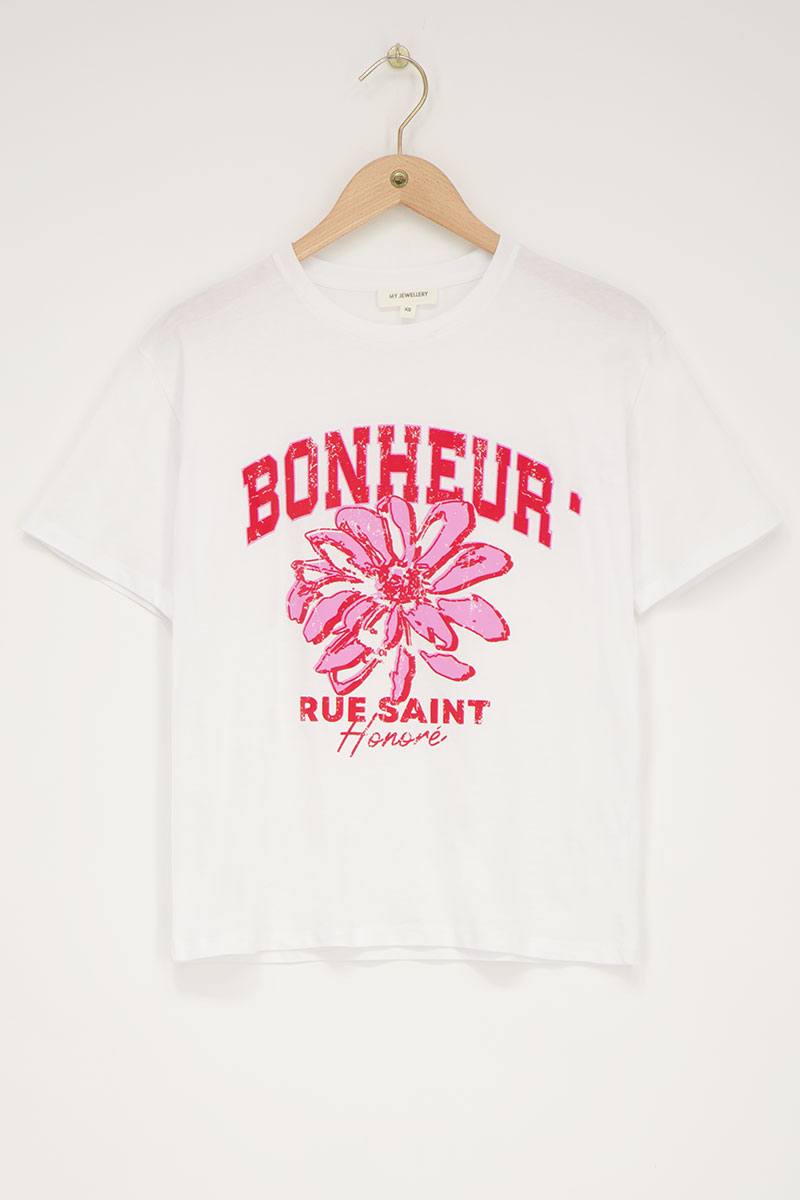 White T-shirt with red "Bonheur" | My Jewellery