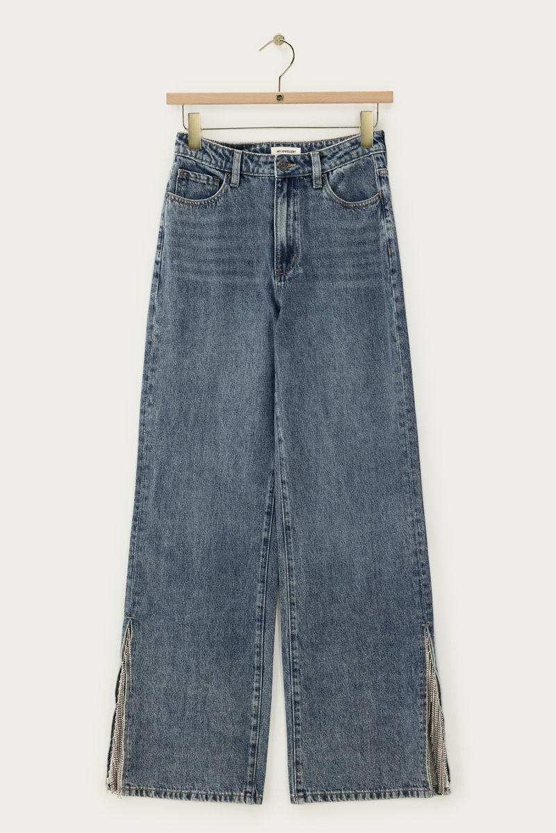 Blue wide leg jeans with rhinestone trims | My Jewellery