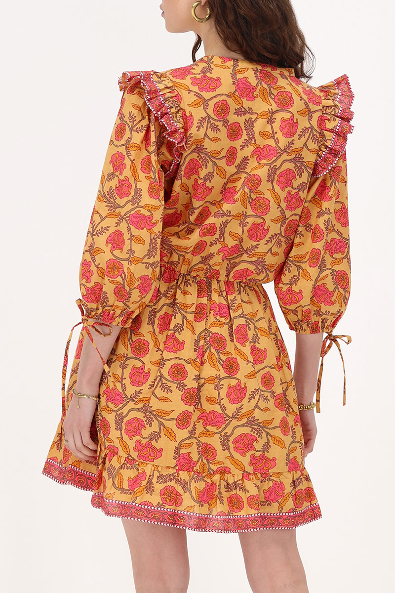 Yellow dress with floral print & ruffles | My Jewellery