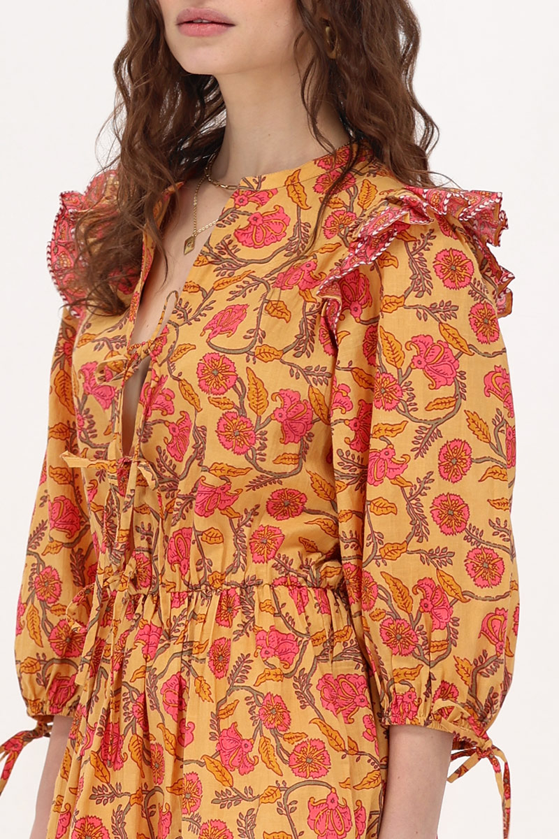 Yellow dress with floral print & ruffles | My Jewellery