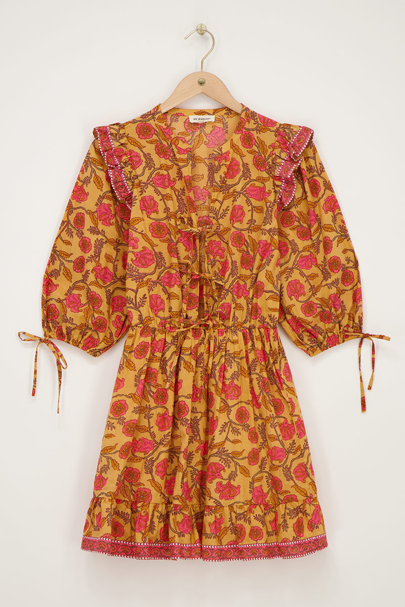 Yellow dress with floral print & ruffles | My Jewellery